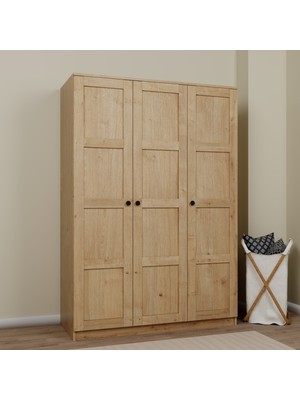 Lucas 3 Kapaklı, 6 Raf Bölmeli, Askılıklı Geniş Elbise Dolabı, Gardırop, Safir Meşe 190×135