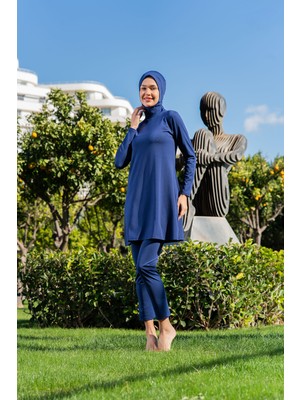 Mirates Lacivert Balıkçı Yaka  Micro (Esnek ve Çabuk Kuruyan) Kumaş Tesettür Mayo