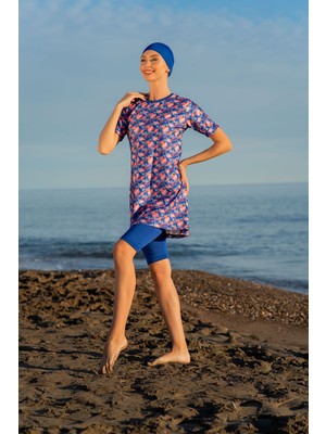 Mirates Mavi Çiçek  Desenli Yarım Kol Micro (Esnek ve Çabuk Kuruyan) Kumaş Yarı Tesettür Mayo