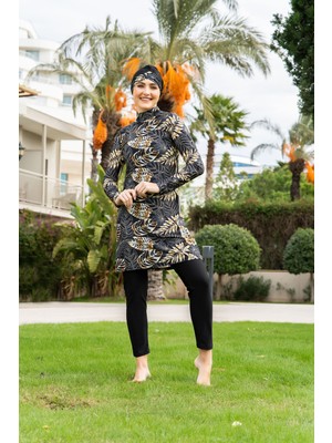 Rukomayo Siyah Yaprak   Desenli Balıkçı Yaka  Büyük Beden Lycra ( Su Itici ve Çabuk Kuruyan ) Kumaş Tesettür Mayo