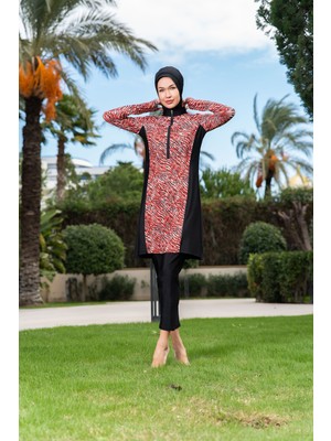 Rukomayo Siyah Zebra Desenli Yarım Fermuarlı Büyük Beden Lycra ( Su Itici ve Çabuk Kuruyan ) Kumaş Tesettür Mayo