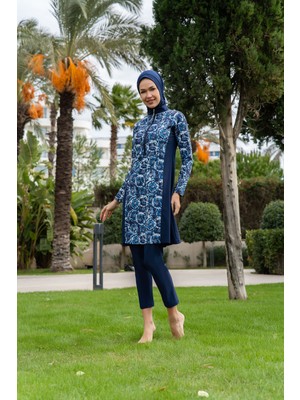 Rukomayo Lacivert Desenli Yarım Fermuarlı Büyük Beden Lycra ( Su Itici ve Çabuk Kuruyan ) Kumaş Tesettür Mayo