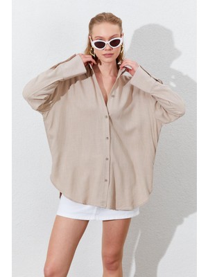 Kadın Koyu Bej Oversize Keten Gömlek