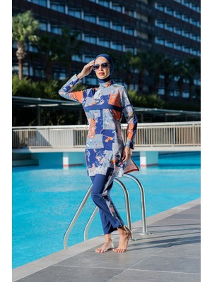 Rukomayo Lacviert Desenli Arkadan Gizli Fermuarlı Lycra Paraşüt ( Su Itici ve Çabuk Kuruyan ) Kumaş Tesettür Mayo