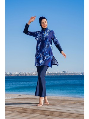 Rukomayo Lacviert Desenli Yarı Fermuarlı Lycra Paraşüt ( Su Itici ve Çabuk Kuruyan ) Kumaş Tesettür Mayo
