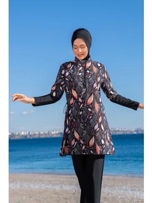 Rukomayo Siyah  Desenli Yarı Fermuarlı Lycra Paraşüt ( Su Itici ve Çabuk Kuruyan ) Kumaş Tesettür Mayo