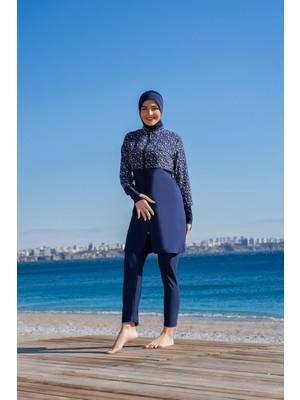 Rukomayo Lacviert Desenli Crop Model Eldivenli Lycra Paraşüt ( Su Itici ve Çabuk Kuruyan ) Kumaş Tesettür Mayo