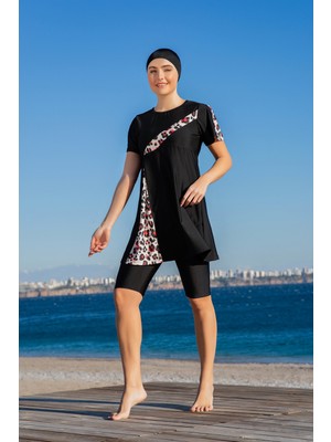 Rukomayo Siyah Desenli Yırtmaç Modelli Yarım Kol Lycra ( Su Itici ve Çabuk Kuruyan ) Kumaş Tesettür Mayo