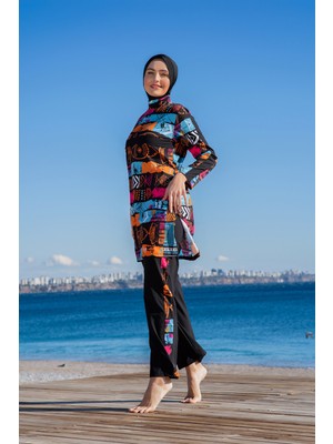 Rukomayo Siyah Desenli Arkadan Gizli Fermuarlı Lycra Paraşüt ( Su Itici ve Çabuk Kuruyan ) Kumaş Tesettür Mayo