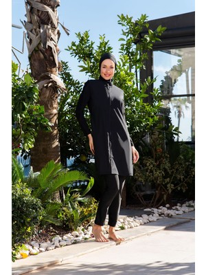 Rukomayo Siyah Balıkçı Yaka Fermuarlı Lycra Paraşüt ( Su Itici ve Çabuk Kuruyan ) Kumaş Tesettür Mayo