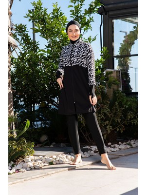 Rukomayo Siyah Beyaz Desenli Crop Model Eldivenli Lycra Paraşüt ( Su Itici ve Çabuk Kuruyan ) Kumaş Tesettür Mayo