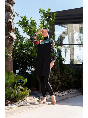 Rukomayo Siyah Yeşil Desenli Robalı  Lycra Paraşüt ( Su Itici ve Çabuk Kuruyan ) Kumaş Tesettür Mayo