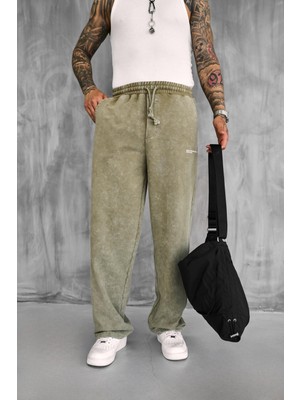 Erkek Baskılı Yıkamalı Baggy Fit Eşofman Haki