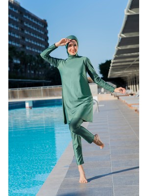 Rukomayo Yeşil  Renk Balıkçı Yaka Lycra ( Su Itici ve Çabuk Kuruyan ) Kumaş Tesettür Mayo