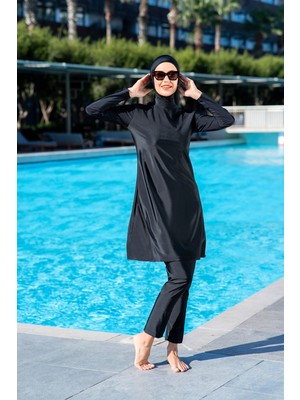 Rukomayo Siyah Renk Balıkçı Yaka Lycra ( Su Itici ve Çabuk Kuruyan ) Kumaş Tesettür Mayo