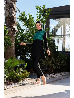 Rukomayo Siyah Yeşil Desenli Crop Model Lycra ( Su Itici ve Çabuk Kuruyan ) Kumaş Tesettür Mayo