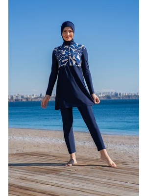 Rukomayo Lacivert Desenli Crop Model Lycra ( Su Itici ve Çabuk Kuruyan ) Kumaş Tesettür Mayo