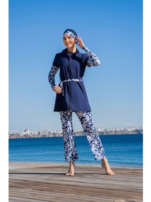 Rukomayo Lacivert Desenli Yarım Kol Yelekli Model 3'lü Takım  Lycra Paraşüt ( Su Itici ve Çabuk Kuruyan ) Kumaş Tesettür Mayo