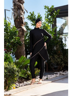 Rukomayo Siyah Katlı Model Lycra ( Su Itici ve Çabuk Kuruyan ) Kumaş Tesettür Mayo