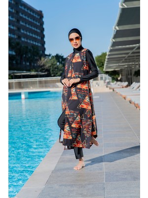 Rukomayo Siyah Desenli Yelekli 3'lü Takım  Lycra Paraşüt ( Su Itici ve Çabuk Kuruyan ) Kumaş Tesettür Mayo