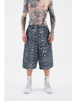 Erkek Leopard Baskılı Siyah Şort