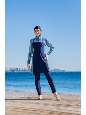 Rukomayo Lacivert Desenli Robalı Yarı Fermuarlı Lycra ( Su Itici ve Çabuk Kuruyan ) Kumaş Tesettür Mayo