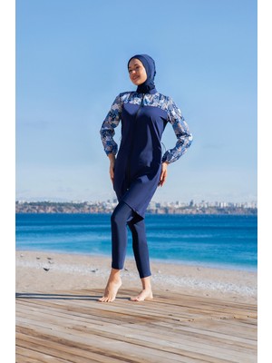 Rukomayo Lacivert Desenli Robalı  Lycra Paraşüt ( Su Itici ve Çabuk Kuruyan ) Kumaş Tesettür Mayo