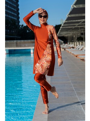 Rukomayo Taba Çapraz Model Çiçek Desenli Lycra ( Su Itici ve Çabuk Kuruyan ) Kumaş Tesettür Mayo