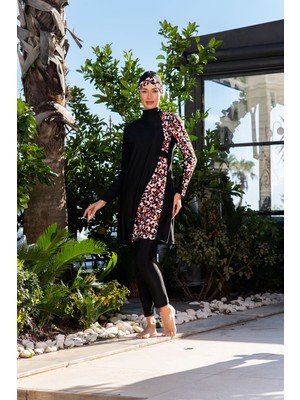 Rukomayo Siyah Çapraz Model Çiçek Desenli Lycra ( Su Itici ve Çabuk Kuruyan ) Kumaş Tesettür Mayo