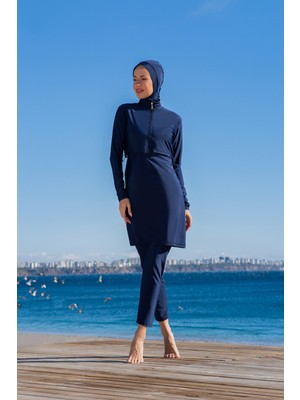 Rukomayo Lacivert Crop Model Lycra ( Su Itici ve Çabuk Kuruyan ) Kumaş Tesettür Mayo