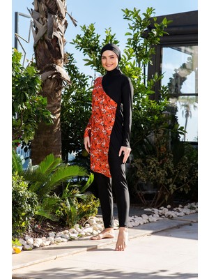 Rukomayo Siyah Çiçek Desenli Kruvaze Lycra ( Su Itici ve Çabuk Kuruyan ) Kumaş Tesettür Mayo