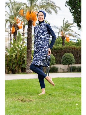 Rukomayo Lacivert Dalga  Desenli Balıkçı Yaka Fermuarlı Lycra Paraşüt ( Su Itici ve Çabuk Kuruyan ) Kumaş Tesettür Mayo