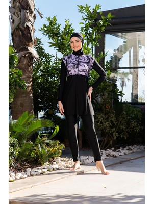 Rukomayo Siyah Desenli Crop Model Lycra ( Su Itici ve Çabuk Kuruyan ) Kumaş Tesettür Mayo