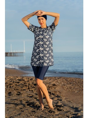 Mirates Lacivert Desenli Yarım Kol Büyük Beden Micro (Esnek ve Çabuk Kuruyan) Kumaş Yarı Tesettür Mayo