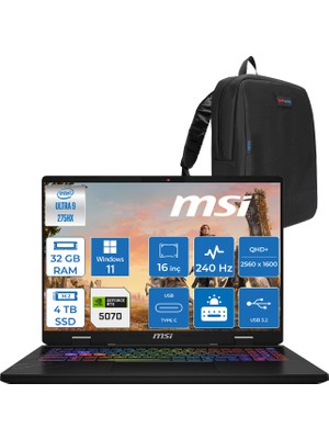 MSI Msı Crosshaır 16 Hx Aı WD2XWGKG Intel Core Ultra 9-275HX  Aı 32GB GB 4tb SSD 8GB/RTX5070 115W 16″ 16:10 QHD+(2560 x 1600), 240Hz IPS Windows 11 Pro Taşınabilir Bilgisayar W047XTRW15+ZETTAÇANTA