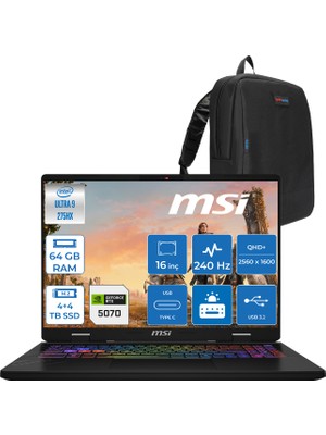 MSI Msı Crosshaır 16 Hx Aı WD2XWGKG Intel Core Ultra 9-275HX  Aı 64GB GB 4tb Ssd+4tb SSD 8GB/RTX5070 115W 16″ 16:10 QHD+(2560 x 1600), 240Hz IPS Freedos Taşınabilir Bilgisayar W047XTRF32+ZETTAÇANTA