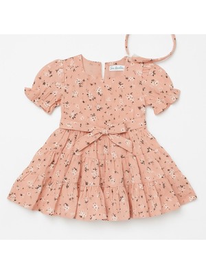 Saç Aksesuarlı Çiçekli Kız Çocuk Elbise