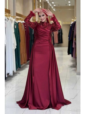 Pul Payet Saten Abiye 7064 Bordo