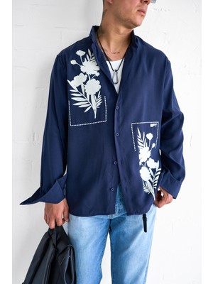 Erkek Dokulu Baskılı Oversize Rahat Gömlek Lacivert