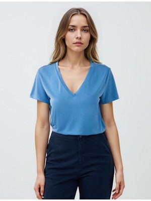 Jimmy Key Kobalt V Yaka Kısa Kollu Örme Modal Tişört