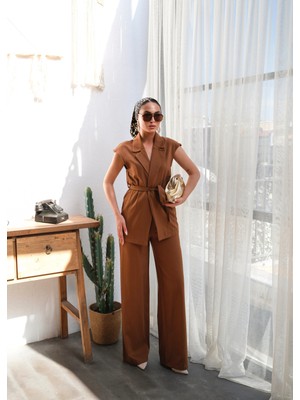 Kadın Keten Kuşaklı Yelek ve Pantolon Takım