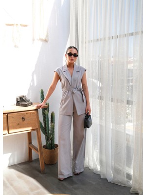 Kadın Keten Kuşaklı Yelek ve Pantolon Takım