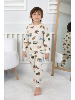 Transportation Veichle Desenli Çocuk Pijama Takımı (Alt-Üst) Bej 3-8 Yaş