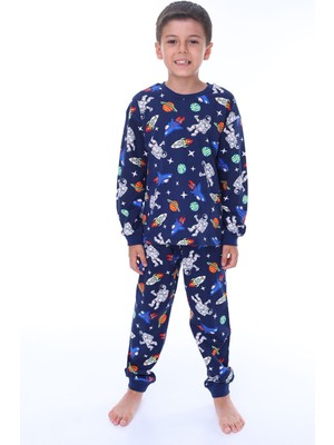 Gezegen Desenli %100 Pamuk Lacivert Çocuk Pijama Takımı