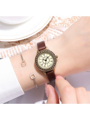 Toz Vintage Evolve Kadın Kahverengi Deri Kordonlu Yuvarlak Vintage Saat - Pilli Quartz Mekanizma