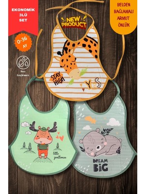 Babydonat 3'Lü Set Baskılı Ekonomik Sıvı Geçirmez Armut Önlük Mama ve Aktivite Önlüğü(0-36 Ay)