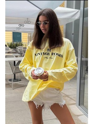 Madmext Kadın Uzun Kollu Baskılı Tişört %100 Pamuklu Sarı Günlük Stil MG2451