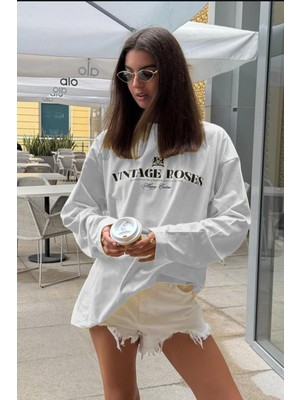 Beyaz %100 Pamuklu Baskılı Uzun Kollu Tişört MG2451
