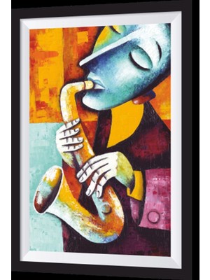 Saksafon Çalan Müzisyen Sanatsal Çerçeve Görünümlü Ahşap Tablo