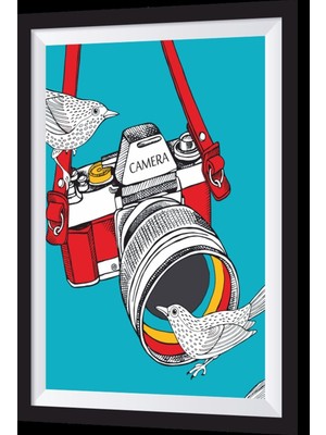 Kırıızı Fotoğraf Makinesi Kuşlar Sanatsal Çerçeve Görünümlü Ahşap Tablo